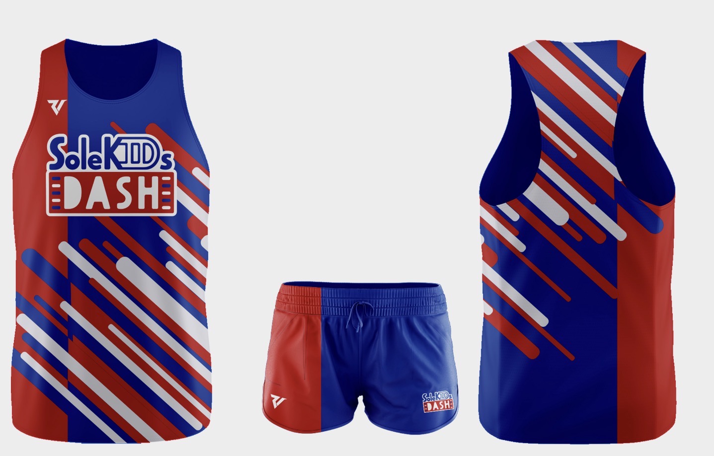 SoleKIDs DASH uniform: a red and blue singlet and shorts with diagonal white stripes and the DASH logo, shown from the front and back